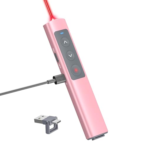 Pink Presentation Clicker for PowerPoint Presentations, Wireless Presenter PowerPoint Clicker with Red Light, [Aluminum Alloy] PPT Slideshow Remote Clicker for Mac, Computer - style: Pink-red light