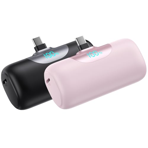 [2-Pack]Mini Portable Charger for iPhone 17, 5500mAh LCD Display USB C Power Bank,Fast Phone Charging Travel Pocket Size Battery Pack for iPhone 17/17 Pro/17 Pro Max/16/15 Series,Android(Black+Pink) - color: Black+Pink