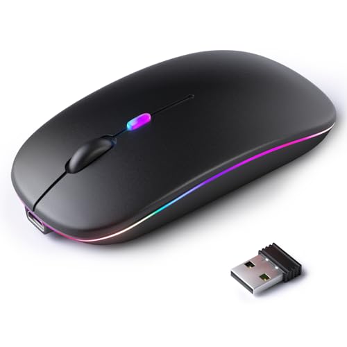 KANMABPC Wireless Bluetooth Mouse – Rechargeable, Silent, Dual Mode (Bluetooth 5.2 & USB) with LED Lights – Portable for Laptop, Desktop, & Tablet(Black) - color: Black