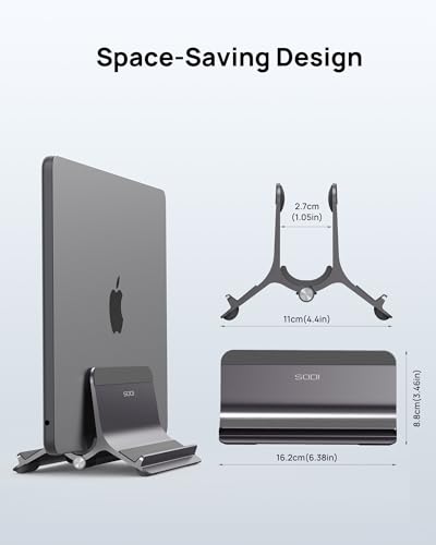 Vertical Laptop Stand for Desk, Aluminum Laptop Holder Compatible with MacBook Pro, MacBook Air Stand Up to 17 inch, Gravity Auto-Lock Cooling, 3in1 Space Saving Desk Organizer Accessories, Gray - color: Gray