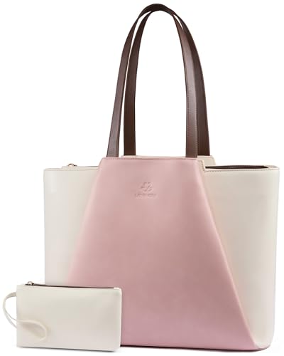 LOVEVOOK Laptop Tote for Women - 15.6 Inch Faux Leather Laptop Bag with Clutch, Large Capacity Office Purse Computer - color: White & Pink, size: 15.6 inch