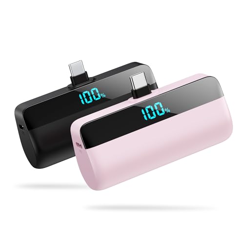 [2 Packs] Small Portable Charger 5500mAh for iPhone 15/16,LCD Display 15W PD Fast Charging Power Bank,USB-C Connector,Mini Battery Pack Compatible with 16/16 Pro Max/15/15 Pro Max Android Galaxy etc - color: Black+Pink