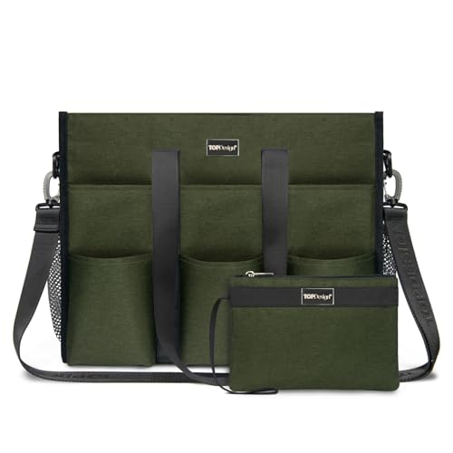 TOPDesign Utility Water Resistant Tote Bag with 22 Pockets, Top Zipper Closure & Thick Bottom Support, for Working Women - color: Green, size: Large