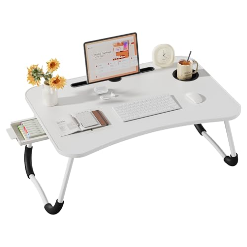 Lap Desk Bed Trays for Eating and Laptops Breakfast in Bed Tray for Sofa/Couch/Study/Reading/Writing with Cup Holder/Drawer On Low Sitting Floor Large Portable Foldable (White) - color: White