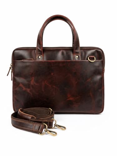 Genuine Leather Laptop Bag for Men & Women – 3 Compartment Briefcase with Padded Sleeve, 15.5 Inch Office Bag - color: Brown
