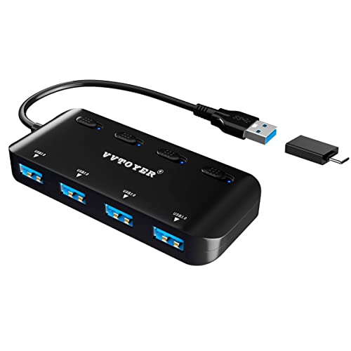 4-Port USB 3.0 Hub, VVTOYER Portable USB Hub Splitter for Laptop, with Individual Power Switch and USB-C Adapter - color: 1103CT black