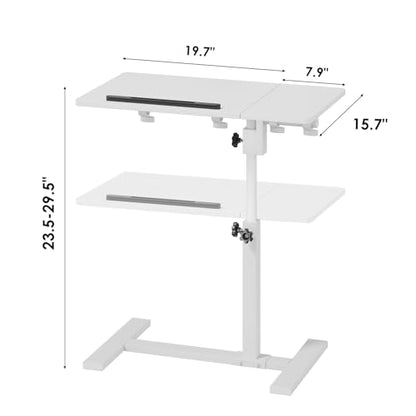 Height Adjustable C-Shaped Table with Removable Wheels, Mobile Sofa Snack Table with Tiltable Top, Adjustable Laptop Stand for Couch, Bedside Desk with Pen Slot, White