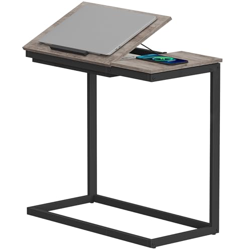 TUTOTAK Large C Shaped End Table, Side Table, Couch Computer Table C Table | Tilting Laptop Stand with Storage, Computer Couch table for Living Room, Bedroom, Greige TB01BG089 - color: Greige, style: Modern