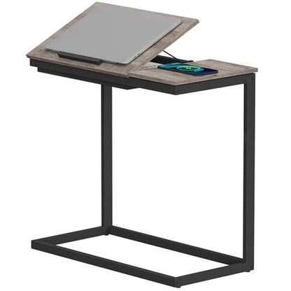 TUTOTAK Large C Shaped End Table, Side Table, Couch Computer Table C Table | Tilting Laptop Stand with Storage, Computer Couch table for Living Room, Bedroom, Greige TB01BG089 - color: Greige, style: Modern