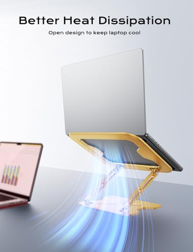 JCZT Adjustable Laptop Stand for Desk, Metal Foldable Laptop Riser, Portable Laptop Holder Mount, Ventilated Cooling Computer Notebook Stand for MacBook Air Pro, All 10-16'' Notebooks Laptops, Gold - color: Gold