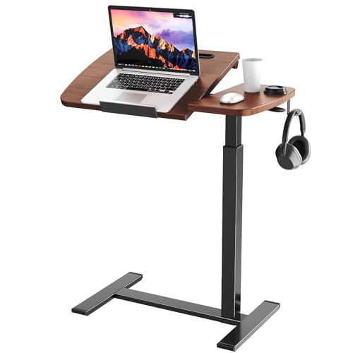 Overbed Table with Wheels, Pneumatic Height and Tilting Desktop | Top Tilts 0-60° with Anti-Slip Stops, Hook, Capacity 66 lbs, 1.18 in Low-Profile Base Slides Easily Under Beds and Sofa - color: Brown
