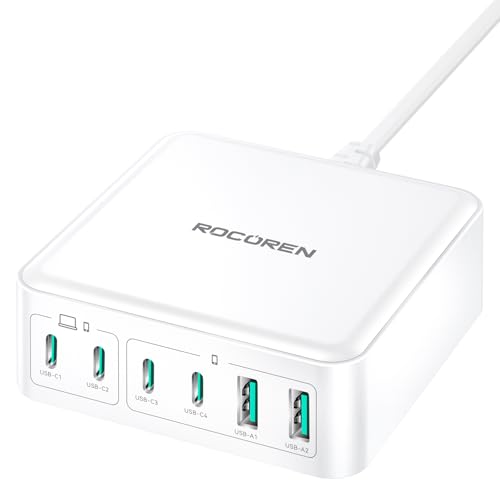 270W USB C Charger Block, Rocoren 6 Port Multi USB-C Charging Station,100W PD Fast USBC Gan Charger Station Hub Dock for Multiple Devices, Laptop Type C for MacBook/iPhone 17/iPad/Galaxy S25 (White) - color: White-270W