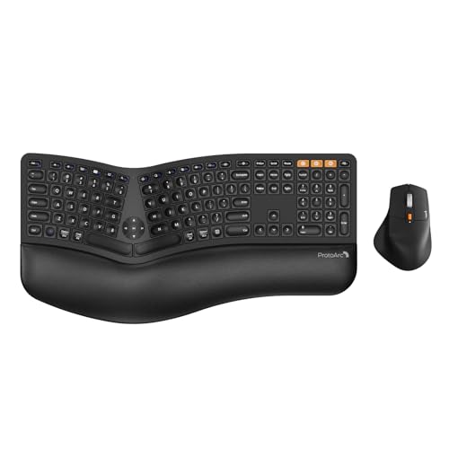 ProtoArc EKM01 Plus Wireless Ergonomic Keyboard Mouse Combo - Black | Full-size Split Keyboard with Cushioned Wrist Rest, Ergonomic Mouse, 3-Device Bluetooth/2.4G, USB-C Rechargeable - color: Black