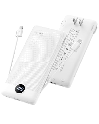 Portable Charger with Wall Plug, Slim USB C Power Bank with Built-in Cables, 10000mah LED Display External Battery Pack Compatible with iPhone/Android & More(White) - color: White