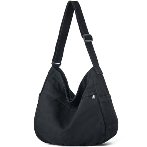 Canvas Hobo Crossbody Tote Bag for Women & Men Large Messenger Bag | Canvas Purses for Women Multi-Pocket Casual Shoulder Handbag for Travel Work Daily Shopping - color: 0-black