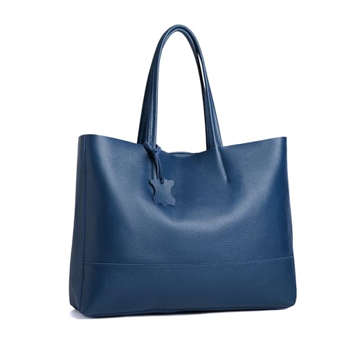 Italian Leather Tote Bag for Women - Large Shoulder Shopper, Fits 16” Laptop, Keychain Holder, Made in Italy - color: Navy Blue