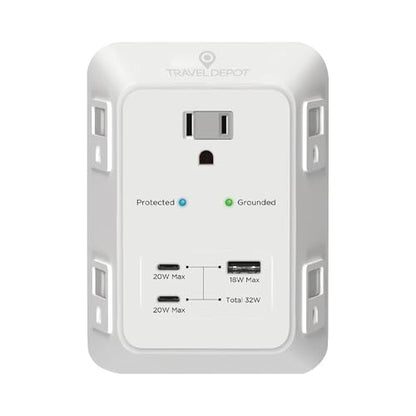 PD USB Wall Charger Surge Protector, 5 Outlet, (White) | Extender 2 USB C & 1 USBA Charging Ports, Fast Charge 3 Sided Power Strip Multi Plug Outlets Wall Adapter for Home Office - color: White