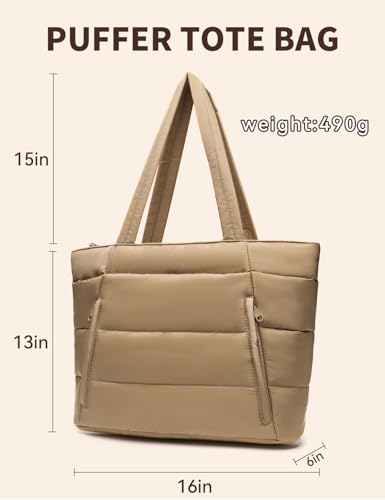 Puffer Tote Bag for Women, Nurse, Large Quilted Shoulder Bag with Cup Holder & Laptop Compartment for Work, Travel, Gym - color: Brown