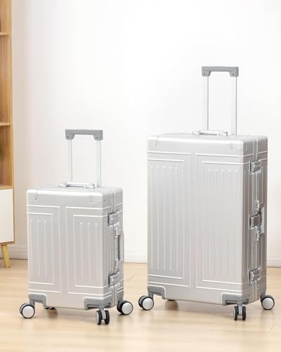 All Aluminum Luggage 20/28 Set，Cut from Whole Aluminum Sheet（3rd Generation，Premium Magnesium Metal zipperless suitcase ） (silvery, 20+28inch) - color: silvery, size: 20 inch + 28 inch