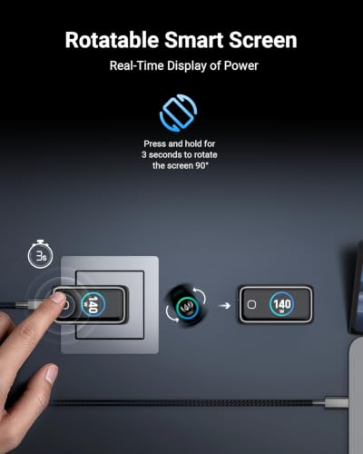 MINIX 140W Max 4-Port GaN Charging Blocks,Smart Display for MacBook Charger | PD 3.1 USB C Travel Power Adapter with 240W Cable, Touch Control for Laptop, iPad, iPhone 17, Galaxy S25/24 (US/EU/UK Plugs)