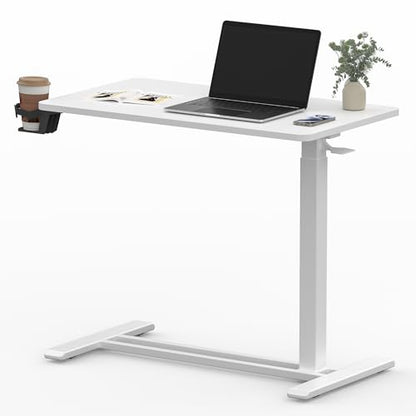 SANODESK 32''Pneumatic Adjustable Overbed Bedside Table with Hidden Casters | Medical Mobile Side End Table Laptop Computer Standing Desk Cart with Tray, Hospital and Home Use(31.5" W x 17.7" D,White) - color: White, size: Large