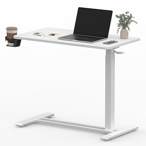 SANODESK 32''Pneumatic Adjustable Overbed Bedside Table with Hidden Casters | Medical Mobile Side End Table Laptop Computer Standing Desk Cart with Tray, Hospital and Home Use(31.5" W x 17.7" D,White) - color: White, size: Large