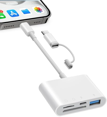 SD Card Reader for iPhone iPad, 4 in 1 Micro SD/SD Card Reader to iPhone Adapter, SD Card Viewer with TF/SD Dual Slot, Portable Camera Memory Card Reader for iPhone with Charging Port, Plug and Play - size: 4 Slots for (Lightning)