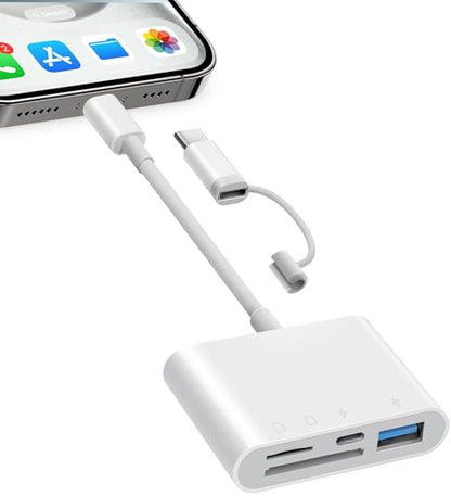 SD Card Reader for iPhone iPad, 4 in 1 Micro SD/SD Card Reader to iPhone Adapter, SD Card Viewer with TF/SD Dual Slot, Portable Camera Memory Card Reader for iPhone with Charging Port, Plug and Play - size: 4 Slots for (Lightning)