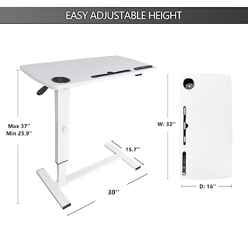 Over Bed Table Pneumatic Adjustable Height Stand Desk with Hidden Wheels USB Ports Pad Slot Mobile Laptop Standing Desk Cart, Podium Table (White, 32X16 inshes) - color: White