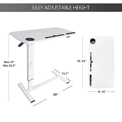 Over Bed Table Pneumatic Adjustable Height Stand Desk with Hidden Wheels USB Ports Pad Slot Mobile Laptop Standing Desk Cart, Podium Table (White, 32X16 inshes) - color: White
