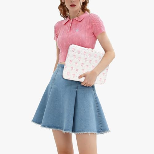 Cute Bow Puffy Laptop Sleeve 13-15 Inch Cute Quilted Laptop Protective Case Padded Bow Computer Sleeve for MacBook - color: Beige, size: 13inch