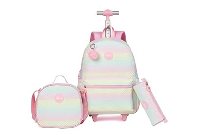 Rolling Backpack with Wheels School Trolley Laptop Bag with Lunch Box 3pc Set for women (PU PINK) - color: Pu Pink