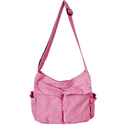 Canvas Messenger Bag Large Hobo Crossbody Bag with Multiple Pockets Casual Shoulder Tote Bag for Women and Men - color: Pink