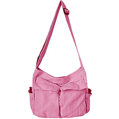 Canvas Messenger Bag Large Hobo Crossbody Bag with Multiple Pockets Casual Shoulder Tote Bag for Women and Men - color: Pink