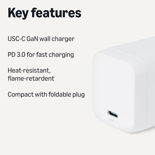 Amazon Basics 65W Fast Charging USB-C Nano GaN Wall Charger, 1-Port PD 3.1 for Laptops, Tablets, Phones, White - color: White, style: 65 W One Port