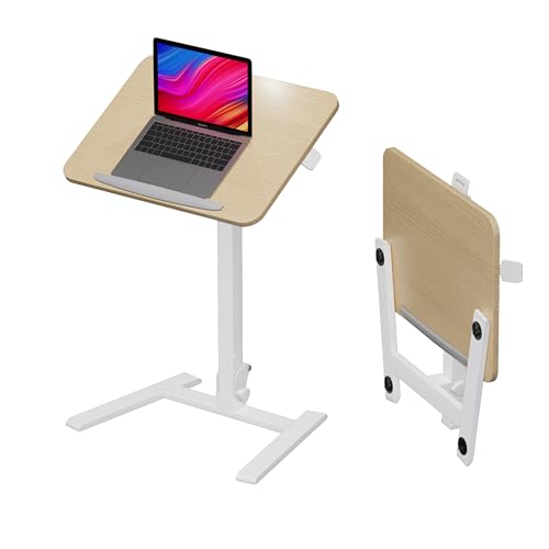 25" Mobile Folding Desk: Pneumatic Sit-Stand, No Assembly | 29-42" Height Adjustable Rolling Laptop Desk, Hidden Wheels, 0-90° Tilt Top. Ideal for Home Office, Craft & Study. - color: Beige