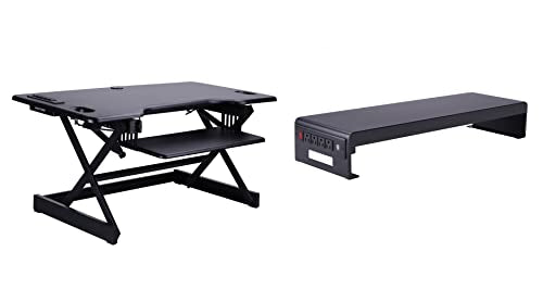 Rocelco 46" Standing Desk Converter with AC USB Charger and Dual Monitor Stand - Height Adjustable Three Screen Riser Computer Workstation - Sliding Keyboard Tray - Black (R DADRB-46-ACUSB-DM3) - color: Black Acusb, size: 46", style: Riser+Monitor Stand