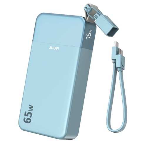 JUOVI Portable Charger, 65W Laptop Power Bank Fast Charging with Attached USB C Cable, 20000mAh Battery Pack Charger Portable, Powerbank for Laptop, for MacBook iPhone 17 16 Pro Samsung S26 and More - color: Blue