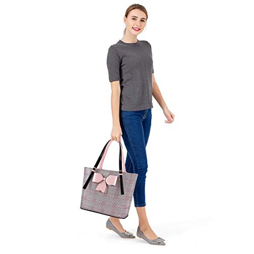 MOSISO Laptop Tote Bag for Women, 15-16 inch Large Tote Bag Compatible with MacBook Air 15 inch/Pro 16 inch, HP Dell Acer Asus, PU Leather Large Capacity Work Tote Bags with Bowknot Grid MO-GID001GYPK