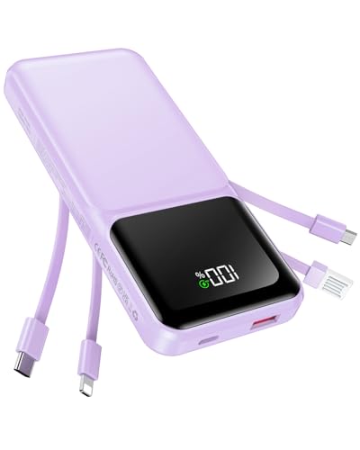 RONEGN Portable Charger with Built in Cable -20000mAh Fast Charging Power Bank USB C Slim 22.5W LED Display Battery Pack 5 Outputs & 3 Inputs for Travel Essentials iPhone Samsung Phones Purple - color: Purple