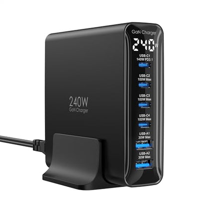 TOPADRE 240W USB C Charger with Display, 6 Ports Desktop Charging Station, PD3.1 140W Fast Charging Block for MacBook, iPad, iPhone 16/17, Galaxy S25/S24, Steam Deck, Dell XPS and More - color: Black