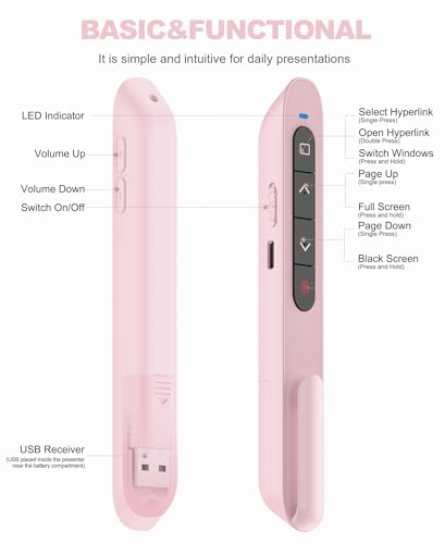 2-in-1 USB-A & USB-C Presentation Remote – Pink Wireless PowerPoint Clicker with Red Light, Volume Control & Hyperlink – Plug & Play Slide Advancer for Laptop, PC, Mac - color: Pink