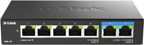 D-Link 7-Port 2.5GB Unmanaged Gaming Switch with 2 x 2.5G, 5 x 10/100/1000 Mbps - Multi-Gig, Network, Fanless, Plug & Play (DMS-107) Black - size: 2 Port 2.5Gb + 5 Port 1Gb