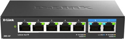 D-Link 7-Port 2.5GB Unmanaged Gaming Switch with 2 x 2.5G, 5 x 10/100/1000 Mbps - Multi-Gig, Network, Fanless, Plug & Play (DMS-107) Black - size: 2 Port 2.5Gb + 5 Port 1Gb