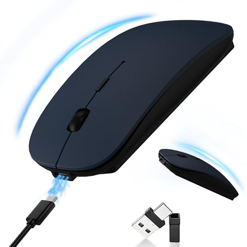 Rechargeable Bluetooth Wireless Mouse with Jiggler, Silent Slim Mouse for MacBook, iPad, Laptop & PC, USB-C/USB-A Dual Receiver, BT5.2 & 2.4G Portable Optical Mouse with Adjustable DPI - Blue - color: Deep Blue