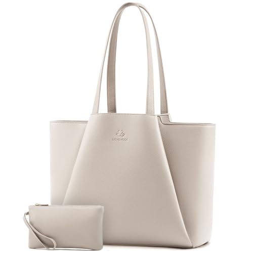 LOVEVOOK Laptop Tote for Women - 15.6 Inch Faux Leather Laptop Bag with Clutch, Large Capacity Office Purse Computer - color: Off-white, size: 15.6 inch