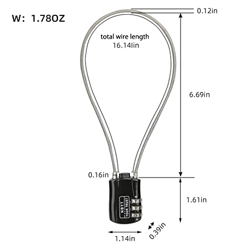 Wire Combination Lock Padlock, Wire Diameter 3/24", 16" Circumference, Suitable for Travel Luggage, Backpack, Cycling Helmet, Small Cabinet, Gym Cabinet, Suitcase - size: 16IN (Span 7in)