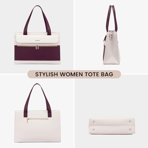 LOVEVOOK Laptop Bag Women 15.6 Inch Laptop Tote Professional Leather Computer Briefcase Waterproof Shoulder Bag Large Capacity Business Teacher Office Crossbody Purse - color: Purple/Beige-1, size: 15.6 Inch