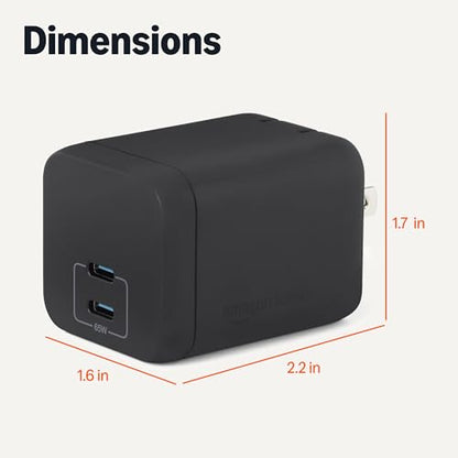 Amazon Basics 65W Fast Charging GaN USB-C Wall Charger, 2-Port for Laptops, Tablets, Phones, Charge 2 Devices at Once, Black - color: Black, style: 65 W Two Port