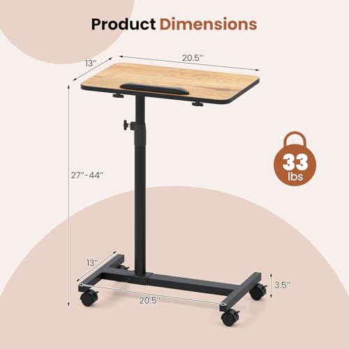 GIANTEX Overbed Table with Wheel, Medical Adjustable Bedside Table Natural | Mobile Standing Desk, Portable Laptop Table for Small Spaces, Bed Trays Table for Eating Home and Hospital - color: Natural